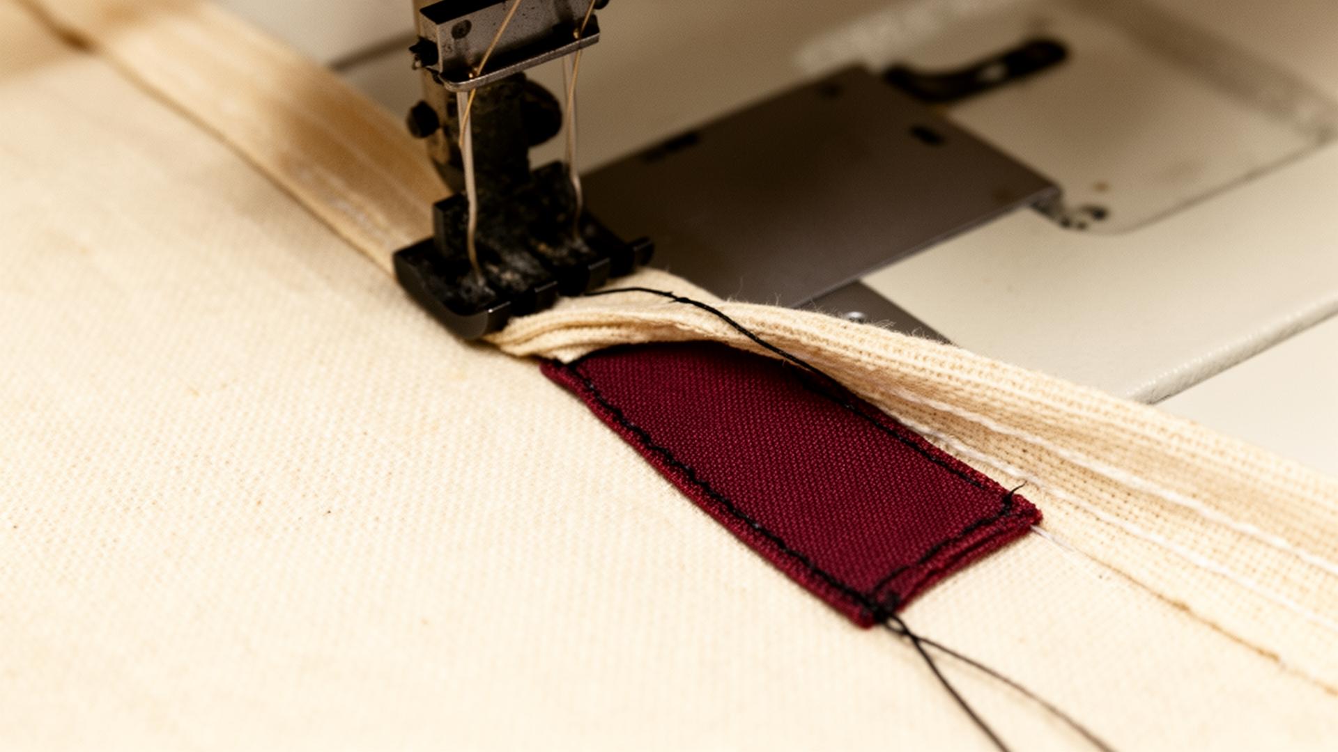 Oxblood label being chainstitched onto bone cotton